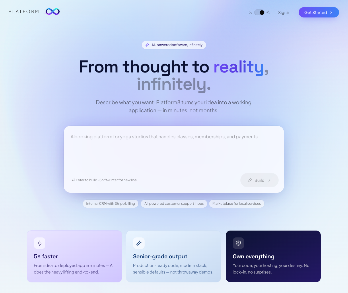 Platform8 prototyping interface — chat-based AI app builder at platform8.dev/v2